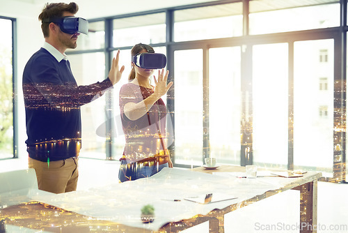 Image of Overlay, virtual reality or metaverse with architect people using headset technology to access information. Digital, AI or 3D with a man and woman engineer in an architecture office for innovation