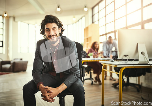 Image of Portrait, confident or happy man in office chair, creative ideas and business project for entrepreneur at design agency. Leader creativity, idea and happiness, for businessman with plan in workspace