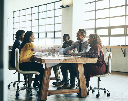 Image of Business staff, office handshake and deal in meeting with agreement and contract collaboration. Partnership, success and b2b work with shaking hands to welcome and show congratulations from teamwork