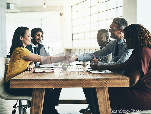 Image of Business man, partnership handshake and deal in a meeting with agreement and contract. Thank you, success and b2b work with shaking hands to welcome and show congratulations from happy teamwork