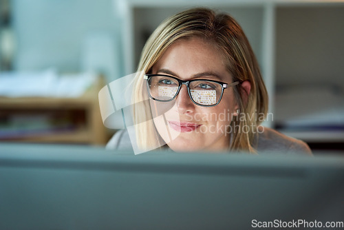 Image of Glasses, working and business woman on a computer or reading for a project deadline or editor and in an office. Research, email and content plan or revision or review and writing online publication