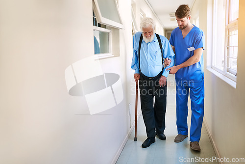 Image of Nurse, help and senior patient walking, moving or healthcare support in nursing home, retirement and hospital. Elderly, man and medical caregiver or physical therapy, doctor and health care