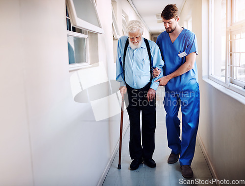 Image of Nurse, senior patient and help walking, moving or healthcare in nursing home, retirement and medical caregiver. Elderly, man and support from physical therapy, doctor or health care in hospital