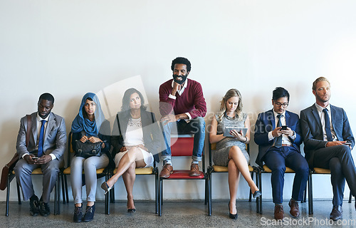 Image of People, recruitment and group waiting for job interview, diversity and hiring opportunity in business. Happy, worker and recruiting success or career, human resources and resume application