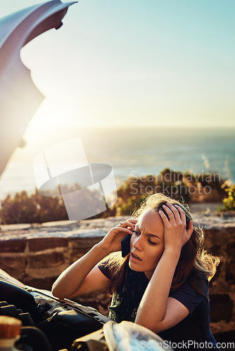 Image of Breakdown, car and frustrated phone call, woman calling for help, roadside assistance services and auto insurance. Emergency, transport and lady with engine problem on road trip and mockup space call