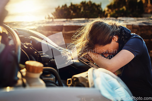 Image of Breakdown, car and stress, sad woman in need of help from roadside assistance and auto service. Emergency, transport and frustrated lady with engine problem, travel and road trip crisis at sunset.