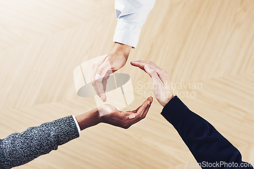 Image of Teamwork, recycle or hands of business people in circle for motivation, support or sustainability in office. Diversity, recycling hand or above of employees for goals, community or partnership group