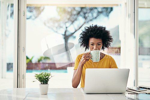 Image of Laptop, coffee and relax with black woman at home for planning, website and remote worker. Blog, networking and social media with female freelancer reading for email, technology and internet