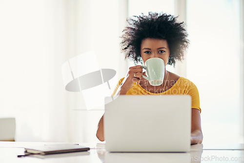 Image of Laptop, research and coffee with portrait of black woman for planning, website or remote worker. Blog, networking and social media with female freelancer at home for email, technology or mockup space