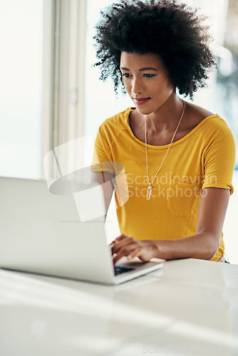 Image of Laptop, focus and research with black woman in apartment for planning, website and remote worker. Blog, networking and social media with female freelancer at home for email, technology and internet