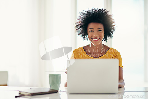 Image of Laptop, smile and online with portrait of black woman for planning, website and remote worker. Blog, networking and social media with female freelancer at home for email, technology and internet