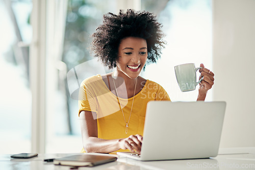 Image of Laptop, research and coffee with black woman in apartment for planning, website and remote worker. Blog, networking and social media with female freelancer at home for email, technology and internet