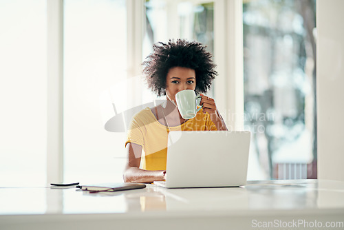 Image of Laptop, idea and coffee with portrait of black woman for planning, website and remote work. Blog, networking and social media with female freelancer at home for email, technology and internet