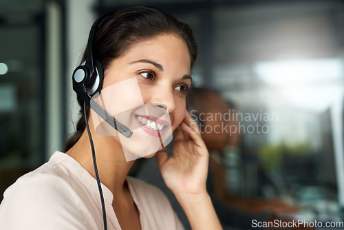 Image of Call center, woman and consultant with contact us, crm and customer service job with smile. Phone help, sale and web advice employee with happiness from telemarketing and work in office mockup