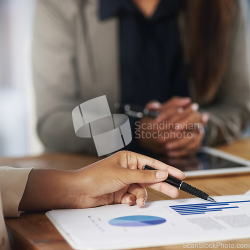 Image of Paperwork, graphs or hands of business people planning a project together with charts, data or statistics. Teamwork, finance documents closeup or financial accountants in meeting working on strategy