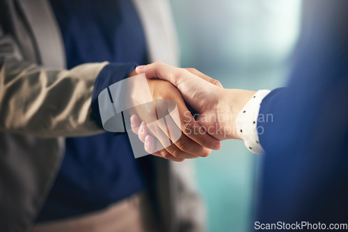 Image of Teamwork, closeup or business people shaking hands in b2b meeting for project or contract agreement. Hiring, handshake zoom or worker with job promotion, deal negotiation or partnership opportunity