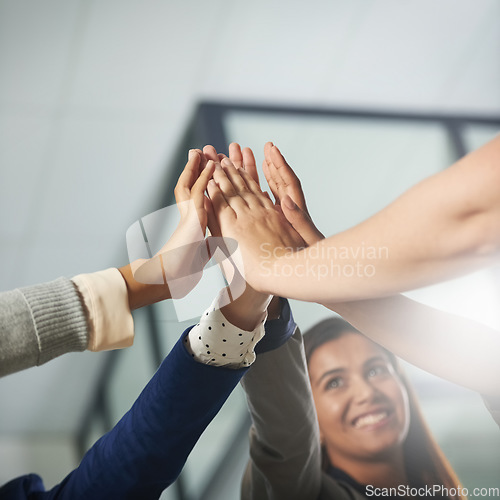 Image of High five, success or hands of happy business people meeting in celebration of b2b group project. Teamwork, smile or excited employees celebrate winning a bonus, deal or sales target goals together