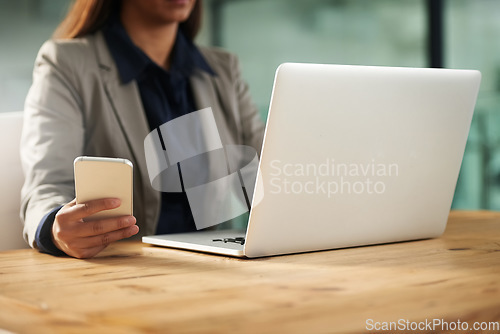 Image of Phone, laptop or hands of woman in office on social media networking, chatting or texting message. Business news, scroll or editor typing, copywriting or checking emails online on digital mobile app