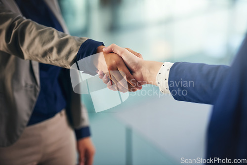 Image of Hiring, closeup or business people shaking hands in b2b meeting for project or contract agreement. Teamwork, handshake zoom or worker with job promotion, deal negotiation or partnership opportunity