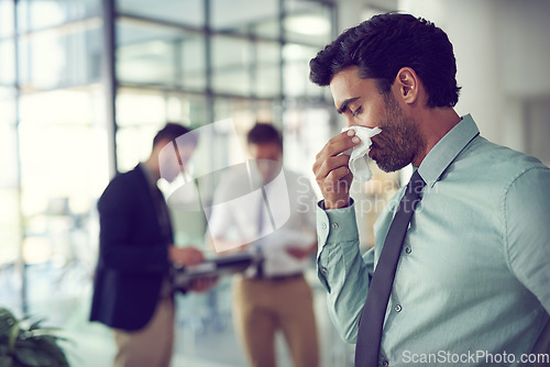 Image of Business, allergies and man with a tissue, sick and healthcare risk with illness, disease and stress. Male person, office and employee cleaning his nose, medical issue and virus with burnout and flu