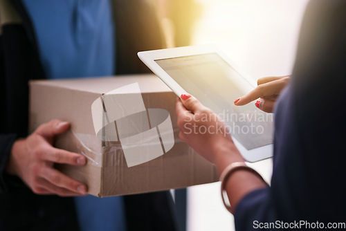 Image of Tablet, delivery man hands with package and woman at home with signature for ecommerce. Online shopping or logistics courier, male person with shipping product and customer making payment for box