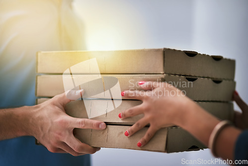 Image of Ecommerce, delivery man with pizza box and woman hands for collection at her home. Online shopping exchange or courier logistics, shipping box and male person dropping food for female customer