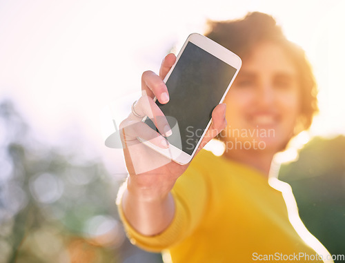 Image of Screen, woman with smartphone and sunshine outdoors with lens flare. Technology, social media or connectivity with cellphone and female person holding a mobile or digital device for communication