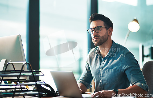 Image of Business man, thinking and laptop in office for innovation on technology in startup company. Male employee daydream at computer for inspiration, future ideas and planning goals of vision in mindset