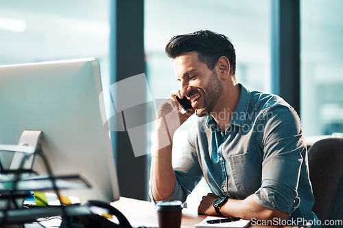 Image of Happy business man, phone call and computer in office for conversation, communication and planning contact. Employee talking on cellphone at desktop pc for mobile networking, consulting and feedback