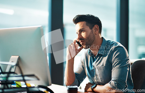 Image of Serious man, phone call and computer in office for conversation, communication and planning contact. Employee talking on cellphone at desktop for mobile networking, consulting and business feedback