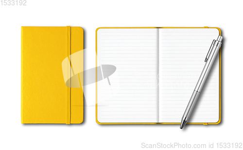 Image of Yellow closed and open notebooks with a pen isolated on white