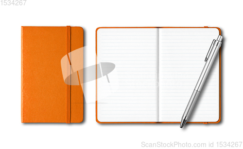 Image of Orange closed and open notebooks with a pen isolated on white