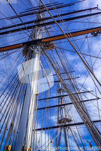 Image of Old ship mast and sail ropes closeup