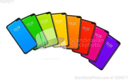 Image of Rainbow colorful smartphone set isolated on white. 3D render