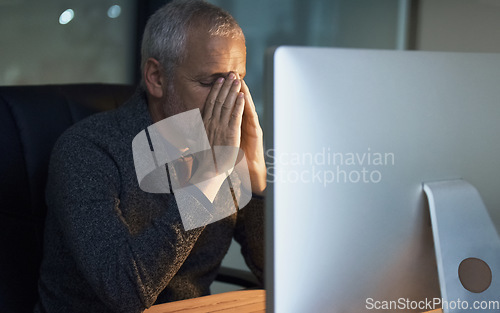 Image of Office, night and stress headache by senior man on computer with problem crisis or internet glitch. Migraine, burnout and frustrated elderly male person working late on deadline, 404 or business fail