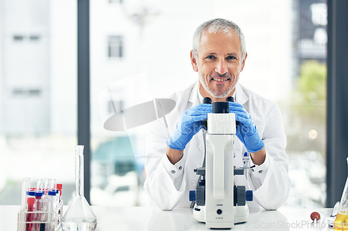 Image of Happy man, microscope and portrait of scientist in forensic science, breakthrough or discovery at laboratory. Male person, medical or healthcare professional with smile in scientific research at lab