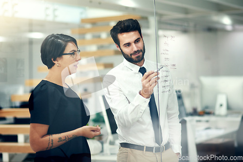 Image of Creative, collaboration and business people writing on glass for planning, calendar or project management. Teamwork, meeting and person team brainstorming solution, problem solving and sale target