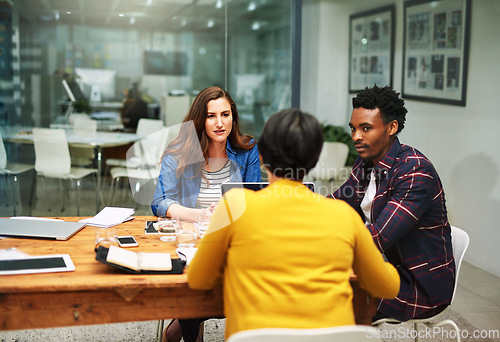 Image of Business people, meeting and collaboration in planning for idea, strategy or brainstorming at office. Group of creative workers in teamwork for project plan, discussion or working together in startup