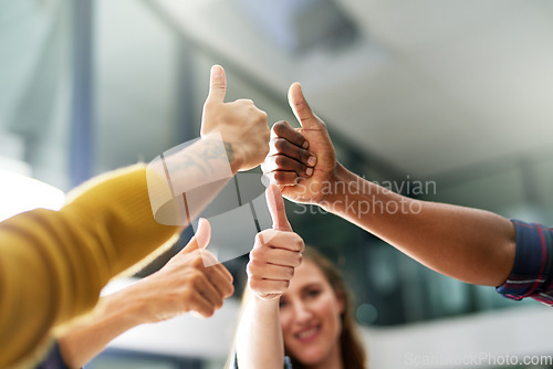 Image of Team, hands and thumbs up by business people in office with yes, sign and winning gesture. Like, emoji and person group with success, agreement and thank you icon while celebrating solidarity