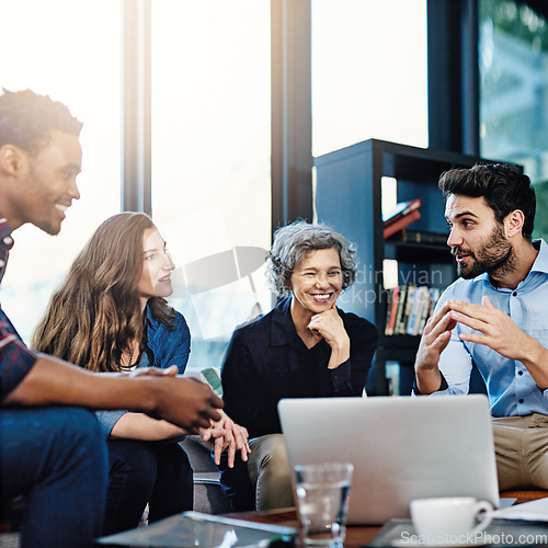 Image of Laptop, diversity and designer team planning a strategy for startup company growth in collaboration together. Internet, Business meeting and group of employees brainstorming as a workforce due to web