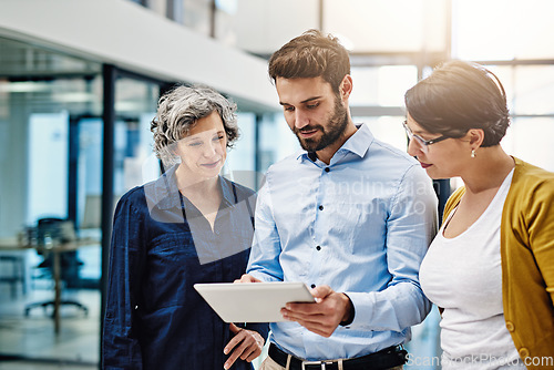 Image of Business people, digital tablet and meeting in office for research, idea or creative inspiration. Schedule, planning and person team in collaboration for online project, development or analysis