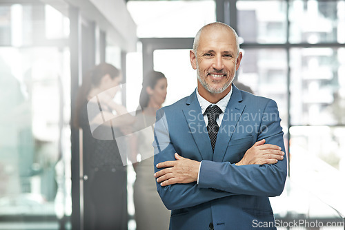 Image of Businessman, portrait smile and arms crossed in leadership or team management at the office. Happy and confident man person, manager or corporate CEO executive smiling in small business confidence