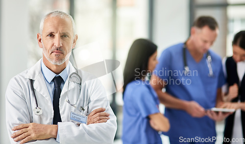 Image of Health care, pride and portrait of senior doctor with leadership in hospital or support in clinic. Healthcare boss, medicine, and serious face of confident man or medical professional in management.