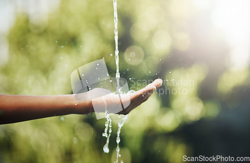 Image of Hands, water splash and washing in nature outdoor for hygiene, health and wellness for hydration on mockup. Aqua, hand and person cleaning for care, bacteria and prevent germs, dirt or dust outside.