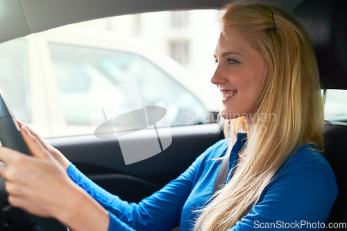 Image of Happy, woman and driving car for travel, journey and transportation. Profile, smile and female person in vehicle, automobile and motor transport driver for traveling, road trip drive and moving.