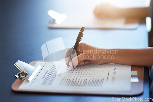 Image of Clipboard, hands and writing on document with pen for survey on table mockup. Filling in paperwork, questions and woman with application form, checklist or test, examination and review for assessment