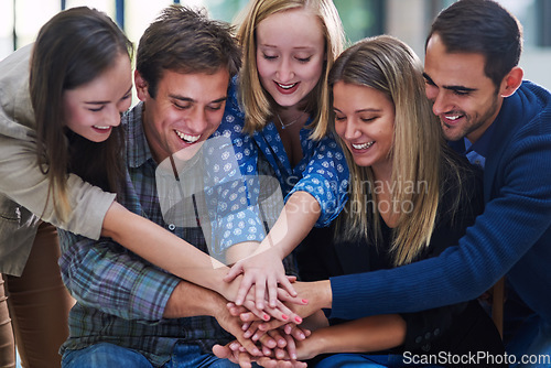 Image of Happy, people and hands stack in support of success, goals and trust of mission, cooperation and synergy. Motivation, hand and group collaboration of teamwork, achievement and celebrate solidarity