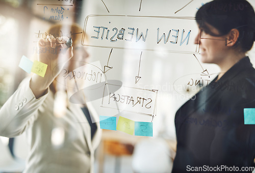 Image of Business people, team and writing on glass for strategy of new website, planning mindmap and project goals. Brainstorming, collaboration and notes of ideas on window for workflow objectives