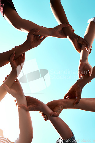 Image of Hands, link and circle with teamwork and blue sky with low angle, solidarity and trust with arm chain and people together. Team, motivation and connection with group collaboration and community