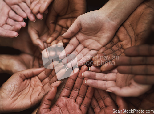 Image of People, group and palm of hands together for support, charity and diversity of a crowd in solidarity. Closeup of women asking for help, donation or kindness of a community with hope and care